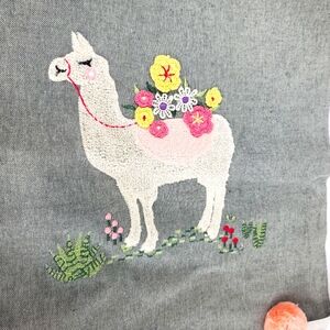 Super Cute Llama Embroidered Patch Pom Pom Floral Grey Dining Table Runner